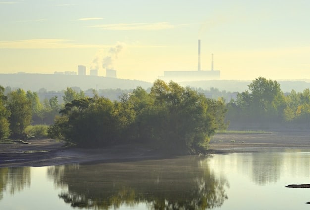 Image of a factory with smokestacks releasing clean emissions, next to a lush green forest and a clear river. The image symbolizes businesses embracing environmental sustainability.