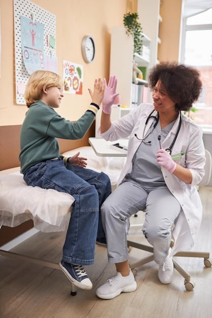 A doctor is shown talking with a patient using gestures and a friendly expression. The office environment is peaceful and filled with natural lighting.