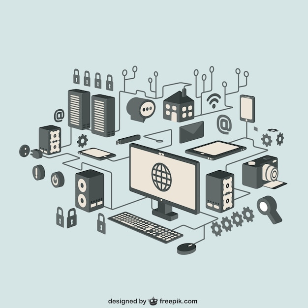 A digital illustration depicting a network of computers and devices interconnected, with various security icons (firewalls, padlocks, shields) floating around, symbolizing comprehensive cybersecurity protection.