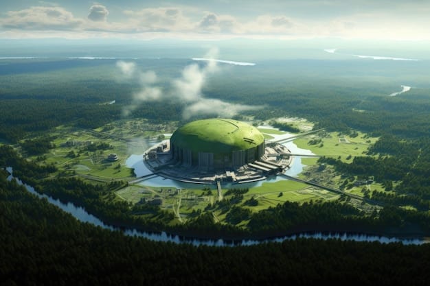 A futuristic rendering of a carbon capture facility attached to a power plant, with trees and greenery surrounding the site.