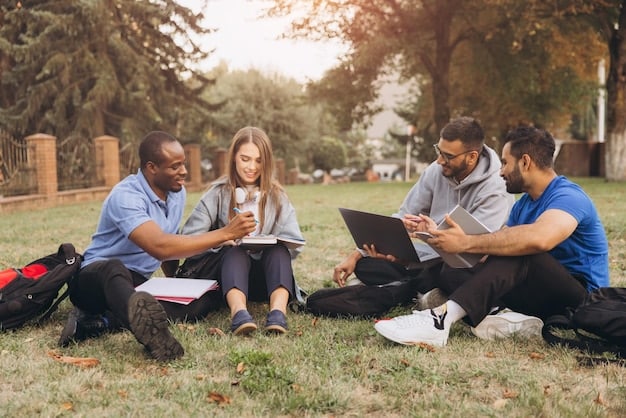 A diverse group of college students studying together on a campus lawn with books and laptops. The atmosphere is collaborative and focused, with students helping each other.