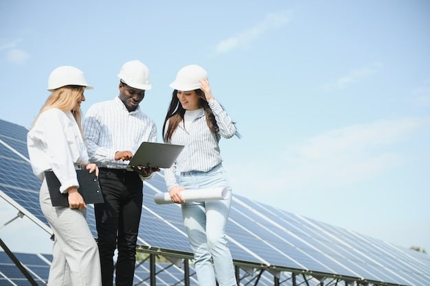 A group of workers installing solar panels on a rooftop. The image portrays the creation of green jobs and the transition to a clean energy economy.