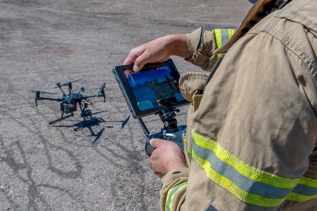 A photograph of border patrol agents using advanced technology to monitor the US-Mexico border, with drones and surveillance equipment visible.