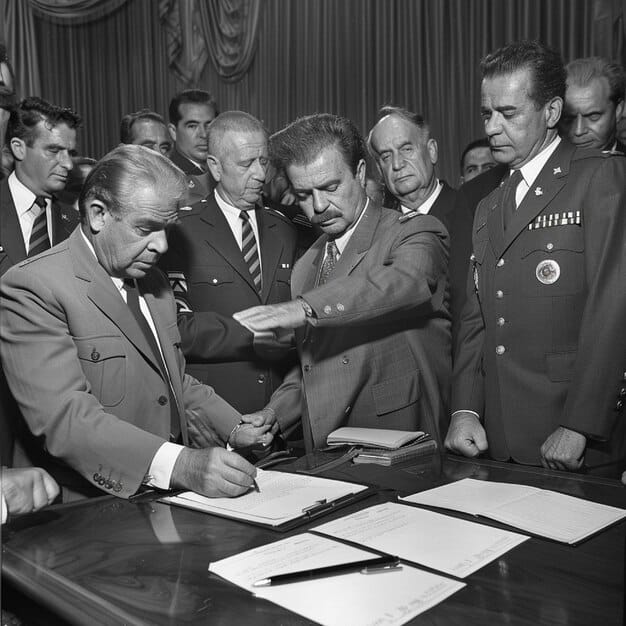 A historical photo showing President Lyndon B. Johnson signing the Gun Control Act of 1968, surrounded by members of Congress. The image should convey the historical significance of gun control legislation in the US.