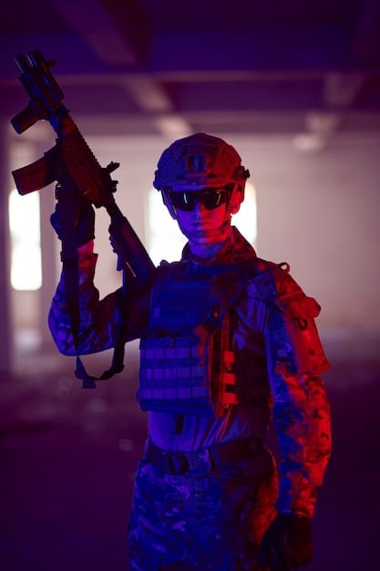 A detailed image of a US Army soldier wearing advanced combat gear, including a heads-up display and modular weapon attachments, highlighting technological integration in modern warfare.