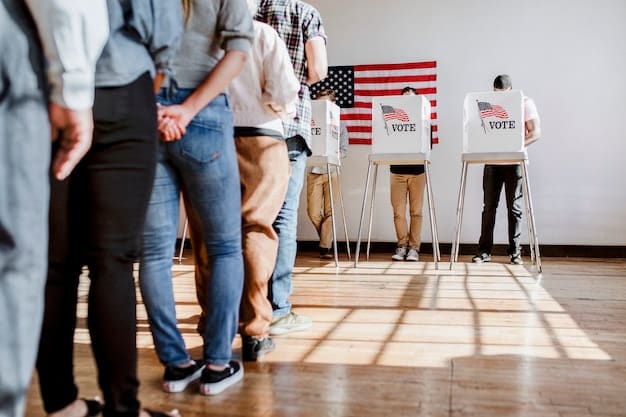 A wide shot of a local polling place, showing voters lining up to cast their ballots. The scene is diverse, with people of different ages and backgrounds. The atmosphere is calm and orderly. The building is decorated with American flags and patriotic symbols.