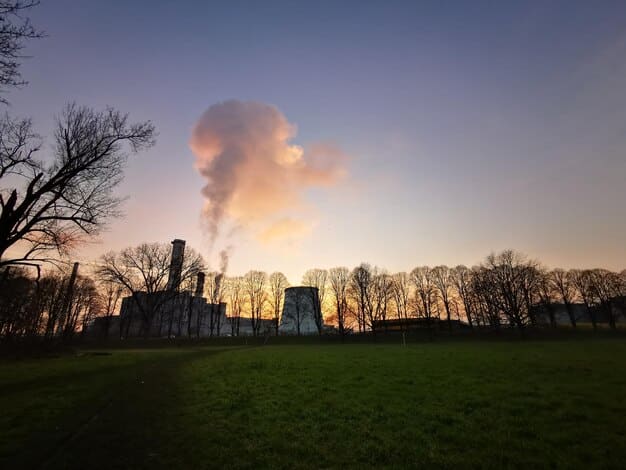 An image of a factory with smokestacks, contrasted with a pristine natural landscape, visually representing the debate between economic growth through deregulation and environmental protection.