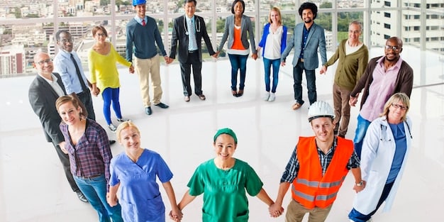 A photograph depicting a diverse group of people working in various sectors (e.g., construction, tech, healthcare), symbolizing the different types of jobs being created in the economy.