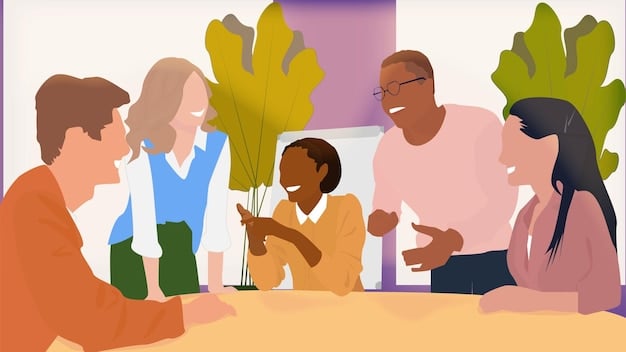 A group of diverse community members sitting around a table, engaged in a productive discussion with local police officers. The setting is a community center, and the atmosphere is collaborative and respectful, showcasing the essence of community policing.