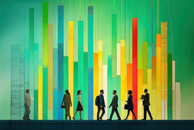 A visual representation of economic growth, featuring upward-trending graphs, rising buildings, and a diverse workforce.