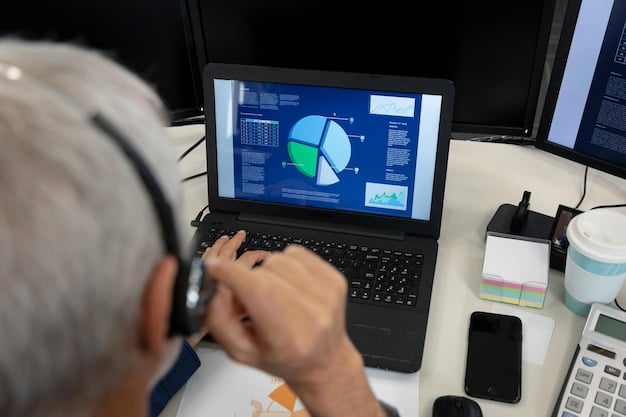 A close-up of a data analyst reviewing manufacturing statistics on a computer screen, surrounded by charts and graphs, focusing on the detailed analysis required for fact-checking.