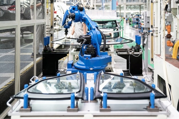 A modern factory showcasing advanced automation and robotics, emphasizing technological advancements in manufacturing.