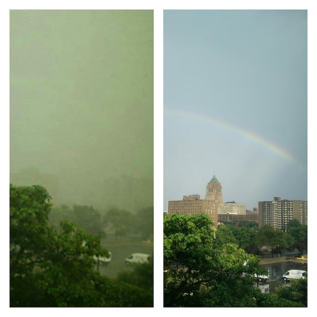 A split image contrasting two scenarios: on one side, a lush green forest with clean air, representing strict environmental regulations; on the other side, a more developed industrial area with some pollution, representing a deregulated environment. The image symbolizes the trade-offs between environmental protection and economic growth.