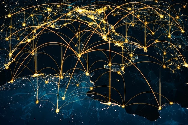 An abstract representation of a global network, with nodes and connections spanning across continents. Padlocks are prominently displayed on some connections, symbolizing secure data transmission. The color scheme is predominantly blue, conveying trust and stability.