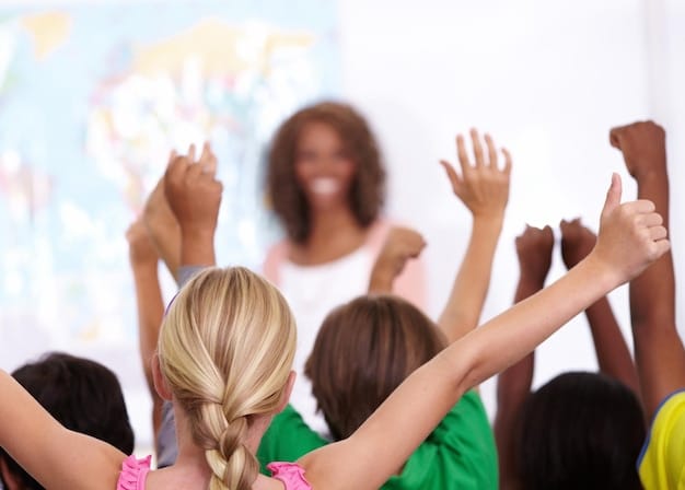 A group of children of diverse ethnic backgrounds raising their hands in a classroom, symbolizing equal access to educational opportunities.