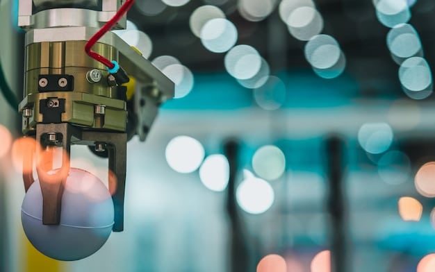 A close-up of a robotic arm assembling components in a modern factory. The scene is brightly lit, showcasing the advanced technology used in American manufacturing facilities.