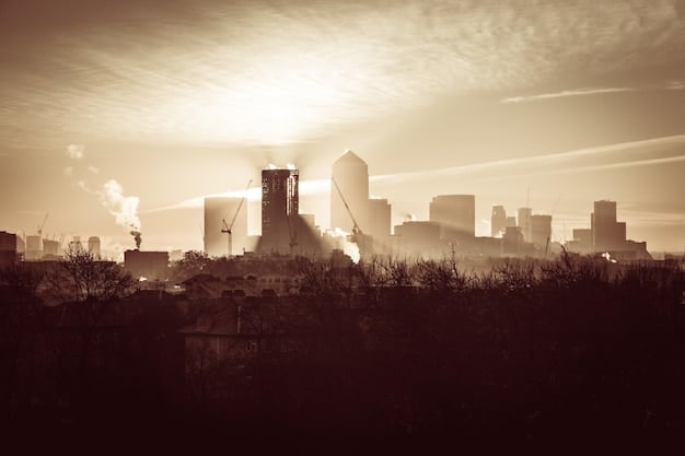 A split image showing a bustling city skyline on one side and a polluted industrial area on the other, illustrating the potential economic benefits versus environmental costs of the Trump Administration's climate policies.