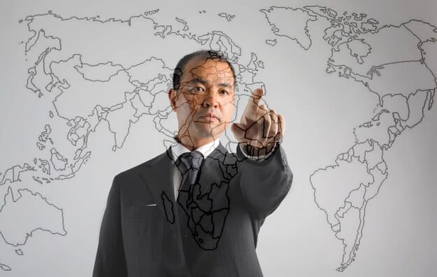A picture of a businessman looking at a world map with a concerned expression, symbolizing the uncertainty faced by US businesses due to changes in foreign policy.