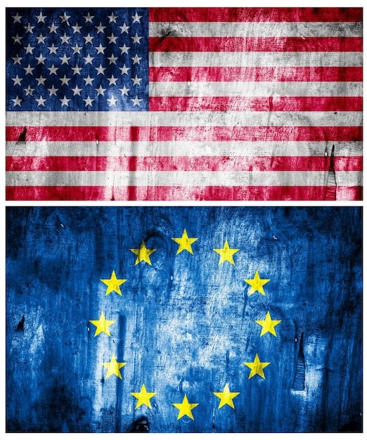 A photograph of the European Union flag next to the US Flag, symbolizing the changing relationship between the US and its allies under the Trump administration.